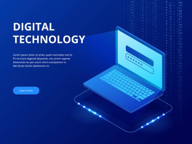 İzometrik teknik cihazlar bağlı, büyük veri işleme, geleceğin enerji istasyonu, sunucu Oda raf, veri merkezi kavramı vektör çizim. Küresel ağ ve veri alışverişi.