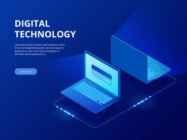 İzometrik teknik cihazlar bağlı, büyük veri işleme, geleceğin enerji istasyonu, sunucu Oda raf, veri merkezi kavramı vektör çizim. Küresel ağ ve veri alışverişi.