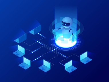 İzometrik yapay zeka kavramı bilgisayarlar veya internet, dijital ağı denetler. Sohbet etmek, video yayını, hikayeler, Smm promosyon, çevrimiçi analitik. Teknoloji web sanal arka plan