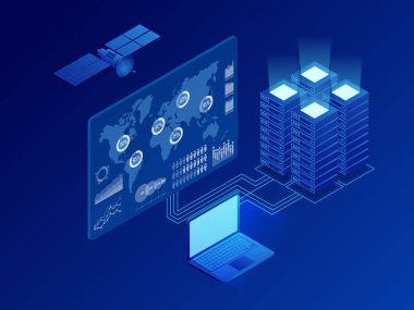 İzometrik küresel bilgi dijital ağı, büyük veri işleme, enerji istasyonu gelecek, sunucu Oda raf, veri merkezi kavramı. Vektör izometrik çizim