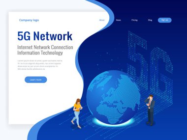 İzometrik 5g ağ kablosuz sistemleri ve internet vektör çizim. İletişim ağı, iş kavramı.