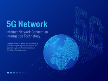 İzometrik 5g ağ kablosuz sistemleri ve internet vektör çizim. İletişim ağı, iş kavramı.