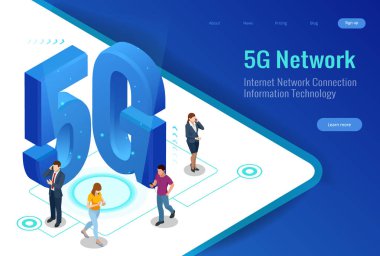 İzometrik 5g ağ kablosuz sistemleri ve internet vektör çizim. İletişim ağı, iş kavramı.