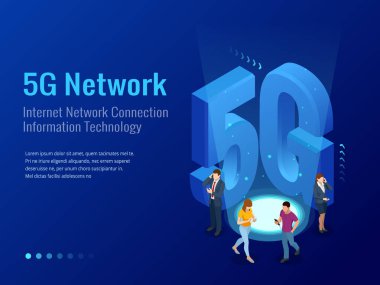 İzometrik 5g ağ kablosuz sistemleri ve internet vektör çizim. İletişim ağı, iş kavramı.