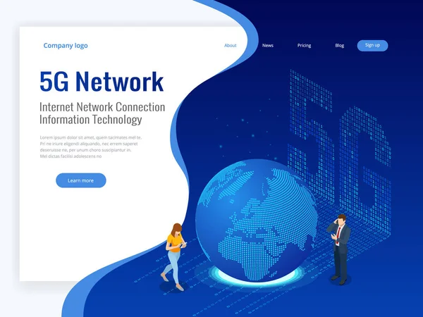 İzometrik 5g ağ kablosuz sistemleri ve internet vektör çizim. İletişim ağı, iş kavramı.