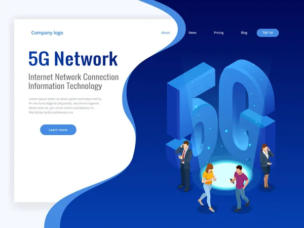 Isometrische 5g-Netzwerk-Drahtlossysteme und Darstellung von Internetvektoren. Kommunikationsnetzwerk, Geschäftskonzept. — Stockvektor