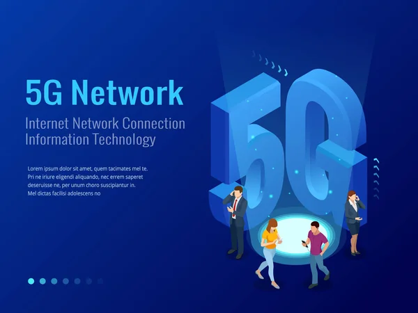 Izometrické 5g sítě bezdrátové systémy a internetové vektorové ilustrace. Komunikační síť, obchodní koncept. — Stockový vektor