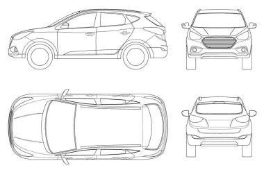 Beyaz arka plan üzerinde araba vektör şablonu. Kompakt crossover, Cuv, 5 Kapılı steyşın vagon anahat. Şablon vektör izole. Görünüm ön, arka, yan, üst.