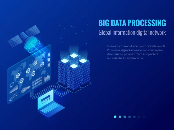 Isometric Big data processing, Global information digital network concept, datacenter, data base, digital information technology. Modèles de bannière de site Web . — Image vectorielle