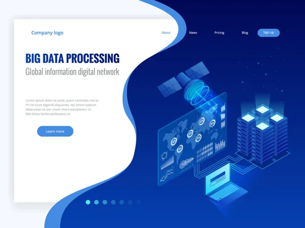Isometric Big data processing, Global information digital network concept, datacenter, data base, digital information technology. Website banner templates. — Stock Vector