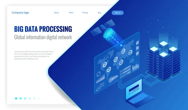 Izometrické zpracování velkých objemů dat, globální informační koncepce digitální sítě, datacenter, databáze, digitální informační technologie. Webové stránky banner šablony. — Stockový vektor