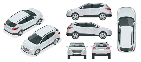 Modèle vectoriel de voiture sur fond blanc. Crossover compact, CUV, break 5 portes. Modèle vecteur isolé. Vue isométrique, avant, arrière, côté, dessus . — Image vectorielle