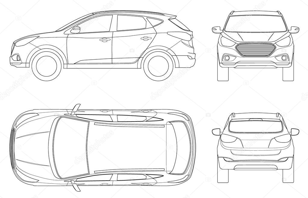 Car vector template on white background. Compact crossover, CUV, 5-door station wagon on outline. Template vector isolated. View front, rear, side, top.