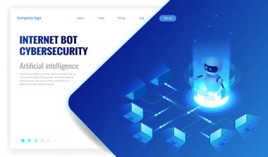 İzometrik Internet bot ve cybersecurity, yapay zeka kavramı. Sohbet etmek ücretsiz robot sanal yardım web sitesi veya mobil uygulamalar. Vektör çizim