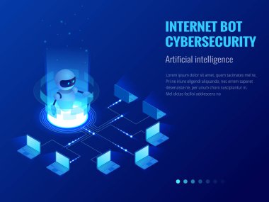 İzometrik Internet bot ve cybersecurity, yapay zeka kavramı. Sohbet etmek ücretsiz robot sanal yardım web sitesi veya mobil uygulamalar. Vektör çizim