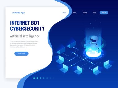 İzometrik Internet bot ve cybersecurity, yapay zeka kavramı. Sohbet etmek ücretsiz robot sanal yardım web sitesi veya mobil uygulamalar. Vektör çizim