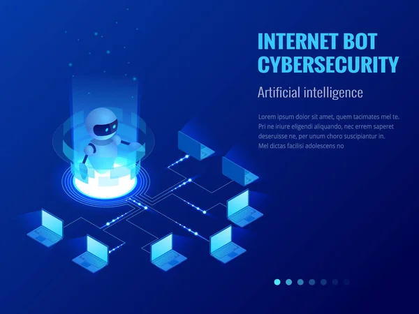 Isometrische Internet bot en cyberveiligheid, kunstmatige intelligentie concept. Chatbot gratis robot virtuele bijstand van website of mobiele toepassingen. Vectorillustratie — Stockvector