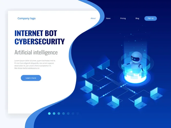 Isometrisk Internet bot og cybersikkerhed, kunstig intelligens koncept. ChatBot gratis robot virtuel bistand af hjemmeside eller mobile applikationer. Vektorillustration – Stock-vektor