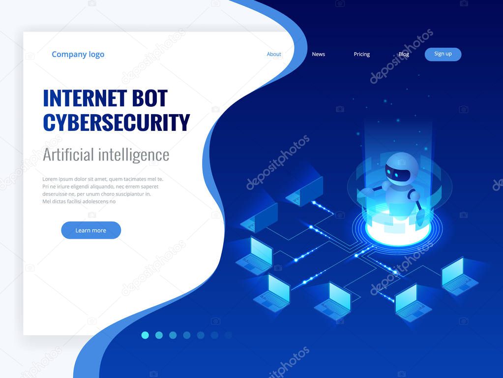 Isometric Internet bot and cybersecurity, artificial intelligence concept. ChatBot free robot virtual assistance of website or mobile applications. Vector illustration