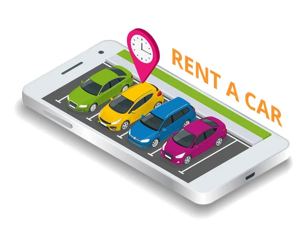 Alquilar un coche nuevo o usado. reserva de alquiler de coches en smartphone móvil. Aplicación de coches usados. Fondo de ilustración vectorial . — Vector de stock