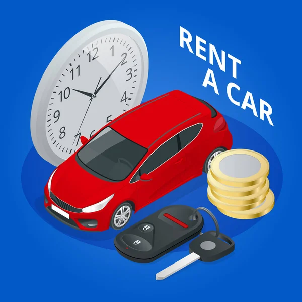 Isométrico alquilar un coche nuevo o usado. Alquiler de coches reserva banner. Fondo de ilustración vectorial — Archivo Imágenes Vectoriales