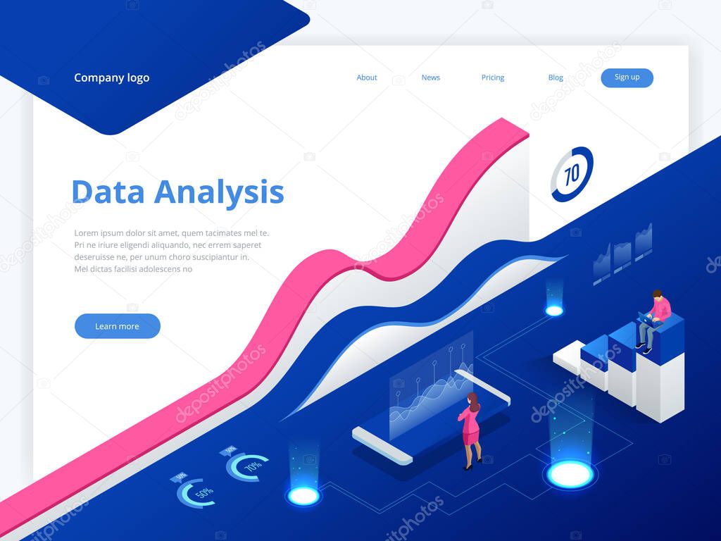 Data Management System and Business Analytics Concept isometric vector illustration. Hosting Server or Data Center Room web banner