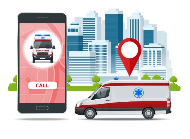  cep telefonu, acil arama üzerinden tüm Ambulans araba. Ambulans araba, eller arama numarası ambulans servisi operatör, hastane binası. Web reklam, web sitesi, infographics için sos mobil kavramı