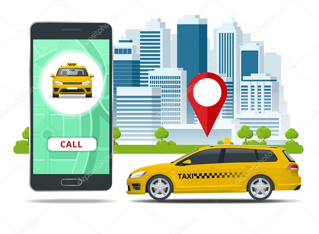 Yellow taxi cab and mobile application in phone with city background. Mobile app for booking service. Flat vector illustration for business, infographic, banner, presentations.