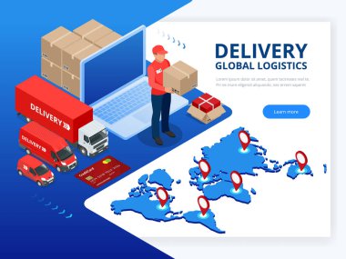 İzometrik çek teslim ve ligistics hizmet uygulaması laptop. Karton kutu ve teslimat adam ile kamyon. Infographics. Vektör web afiş çizim