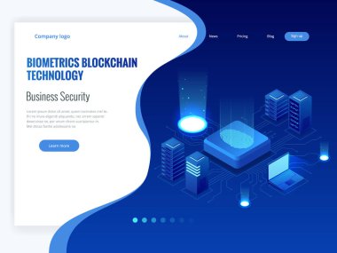 İzometrik biyometrik Blockchain teknoloji ve parmak tarama tanımlama sistemi yazdırın. Biyometrik yetkilendirme ve iş güvenlik kavramı.