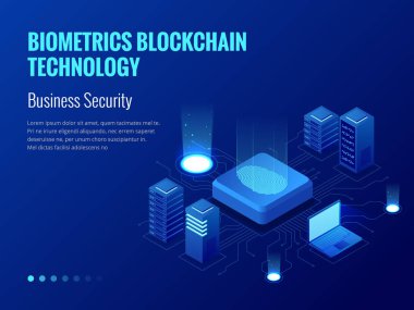 İzometrik biyometrik Blockchain teknoloji ve parmak tarama tanımlama sistemi yazdırın. Biyometrik yetkilendirme ve iş güvenlik kavramı.