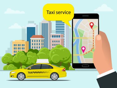 Sarı taksi ve şehir arka plan ile telefon mobil uygulama. Hareket eden app için rezervasyon hizmeti. İş, Infographic, afiş, sunumlar için düz vektör çizim.