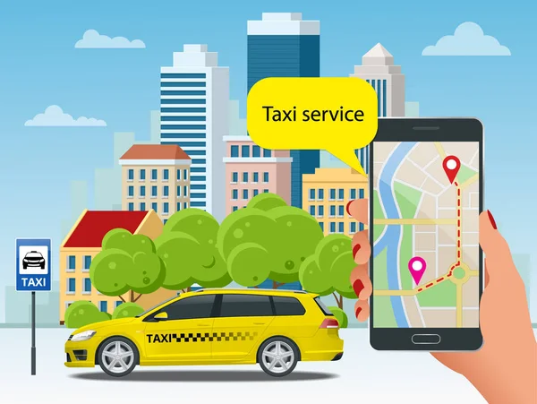 Taxi amarillo y aplicación móvil en el teléfono con fondo de ciudad. Aplicación móvil para el servicio de reserva. Ilustración vectorial plana para negocios, infografía, banner, presentaciones . — Vector de stock