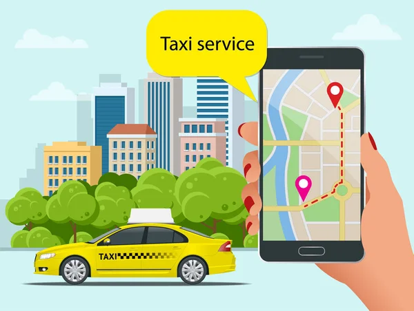 Gele taxi cabine en mobiele toepassing in telefoon met achtergrond van de stad. Mobiele app voor boekingsservice. Platte vectorillustratie voor business, infographic, banner, presentaties. — Stockvector
