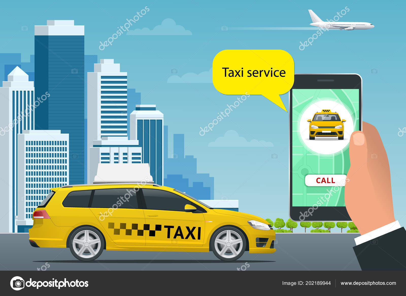 Online Taxiservice concept. Man orders a taxi from his cell phone
