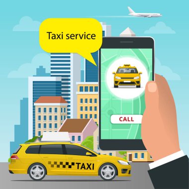 Online taksi hizmeti kavramı. Adam, onun cep telefonundan bir taksi emrediyor. Taksi hizmeti uygulaması üstünde perde. Vektör kartvizit şablonu.