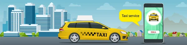 Concepto de servicio de taxi en línea. El hombre pide un taxi desde su celular. Aplicación de servicio de taxi en pantalla. plantilla de tarjeta de visita vectorial . — Vector de stock