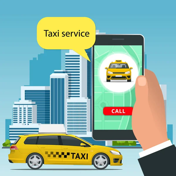 Online Taxi-service concept. Man orders a taxi from his cell phone. Taxi service application on screen. Vector business card template. — Stock Vector