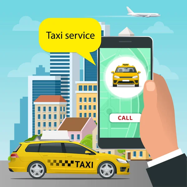Concepto de servicio de taxi en línea. El hombre pide un taxi desde su celular. Aplicación de servicio de taxi en pantalla. plantilla de tarjeta de visita vectorial . — Vector de stock