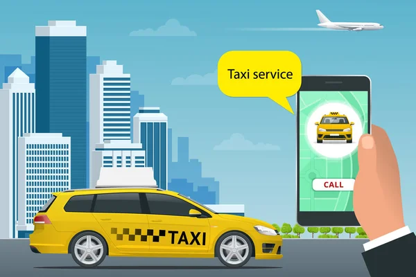 Concepto de servicio de taxi en línea. El hombre pide un taxi desde su celular. Aplicación de servicio de taxi en pantalla. plantilla de tarjeta de visita vectorial . — Vector de stock