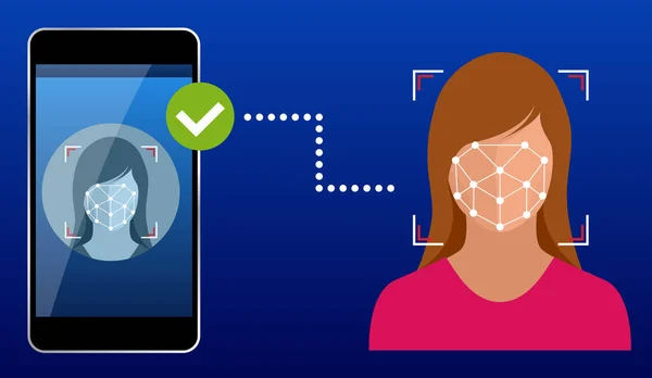Kinyitó smartphone-val biometrikus arc azonosító, biometrikus azonosítás, arc-felismerés rendszer fogalmát. Vektoros illusztráció infographic, üzlet, banner — Stock Vector