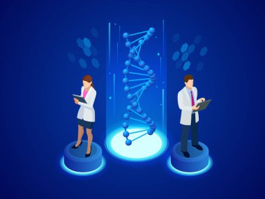 İzometrik dijital Dna yapısında mavi arka plan. Bilim kavramı. DNA dizisi, nanoteknoloji vektör çizim.