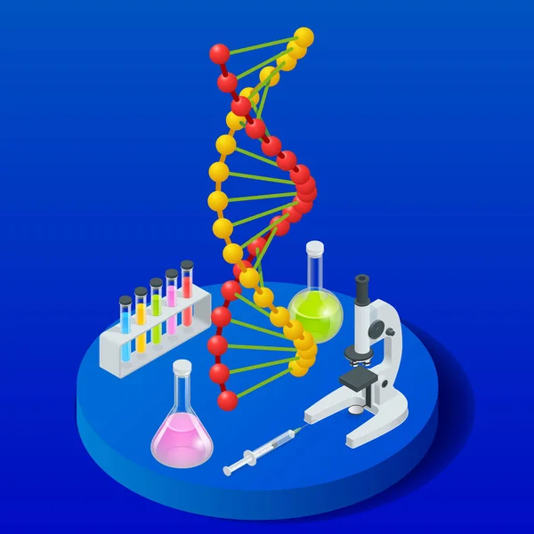 Isometrische digitale DNA-Struktur auf blauem Hintergrund. Wissenschaftskonzept. dna-Sequenz, Nanotechnologie-Vektorillustration. — Stockvektor