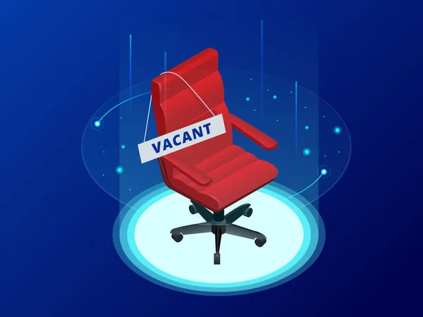 Isometrische Job advertentie, vacature werven. Stoel van het Bureau en een teken vacant. Aanwerving en rekrutering. Bedrijfsleiding. Recruitment concept. — Stockvector