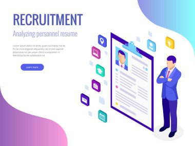 Web sayfası, afiş ve sunum için Isometric işe alma ve adam alma konsepti. İş görüşmesi, işe alım ajansı vektör illüstrasyonu