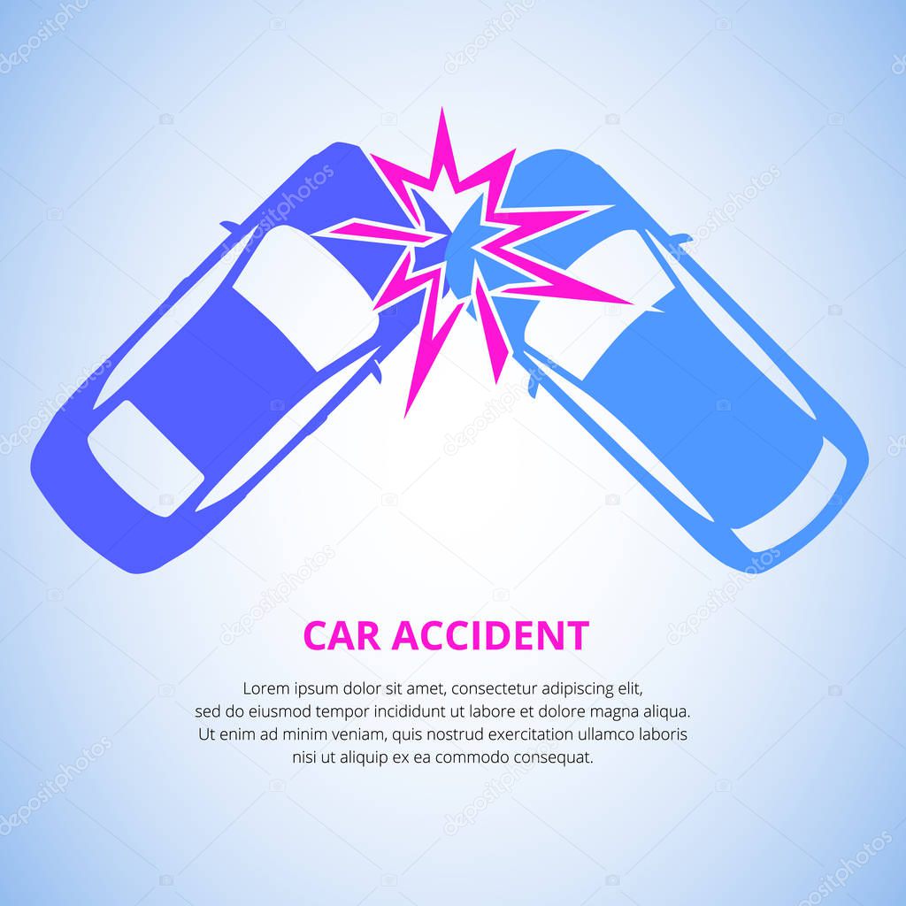 Car crash, car accident top view isolated on a light background. Car crash emergency disaster. Flat vector illustration.