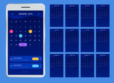 Telefon için Takvim 2019. Vektör takvim 2019 yıl için. Dizi 12 takvim sayfası. Renkli küme. Hafta Pazar günü başlar. Temel kılavuz.