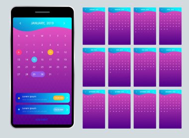 Telefon için Takvim 2019. Vektör takvim 2019 yıl için. Dizi 12 takvim sayfası. Renkli küme. Hafta Pazar günü başlar. Temel kılavuz.