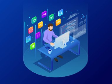 İzometrik programcı bilgisayarla iletişim komut satırı web geliştirme, oturan yeni proje kodlama programlama kavramı afiş dijital cihazlar programcı bilgisayar yazılım yazma Web sitesi oluşturma