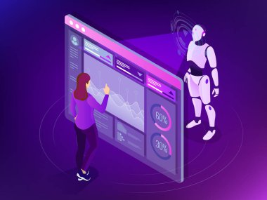 Dijital ekran ile çalışan izometrik bakım mühendisi. Robot programlama kavramı. Yapay zeka yatay banner. Vektör çizim